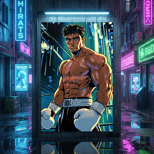 Boxer Anime Poster showing a powerful anime boxer with dramatic lighting and intense expression, ideal for gym or bedroom wall art