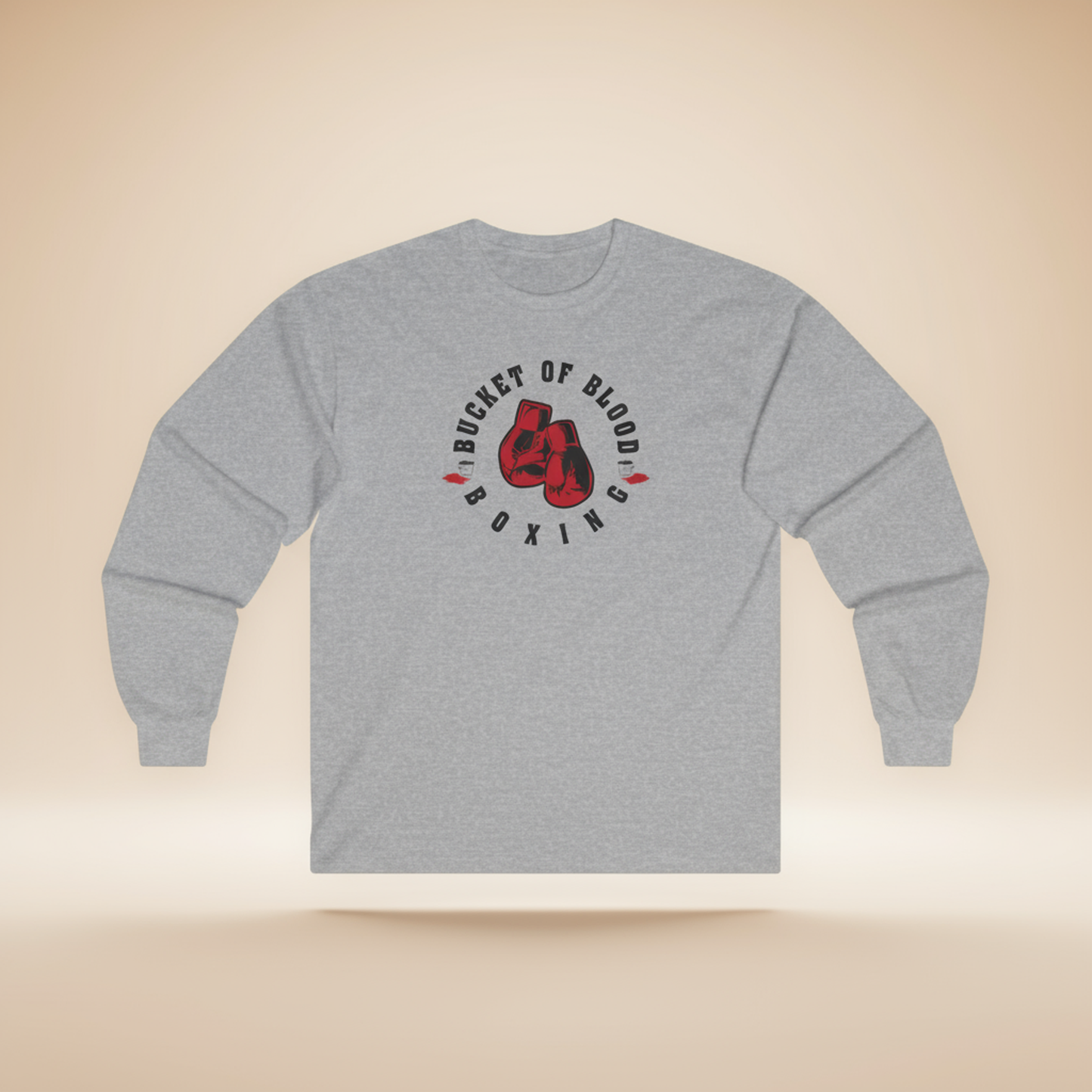 “Bucket of Blood” fight club t shirt vintage long sleeve with red boxing gloves graphic, medium-weight cotton, retro gym style