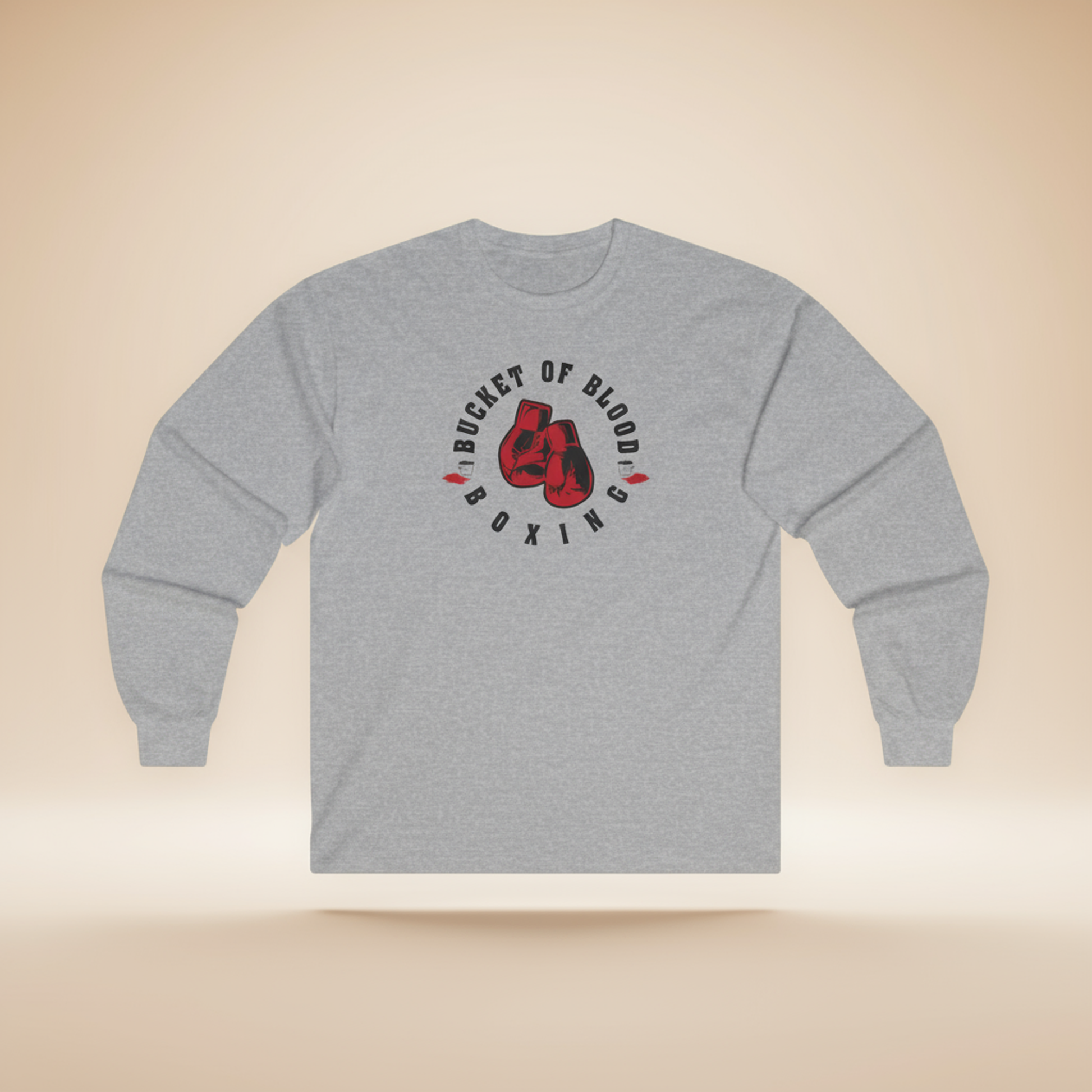 “Bucket of Blood” fight club t shirt vintage long sleeve with red boxing gloves graphic, medium-weight cotton, retro gym style