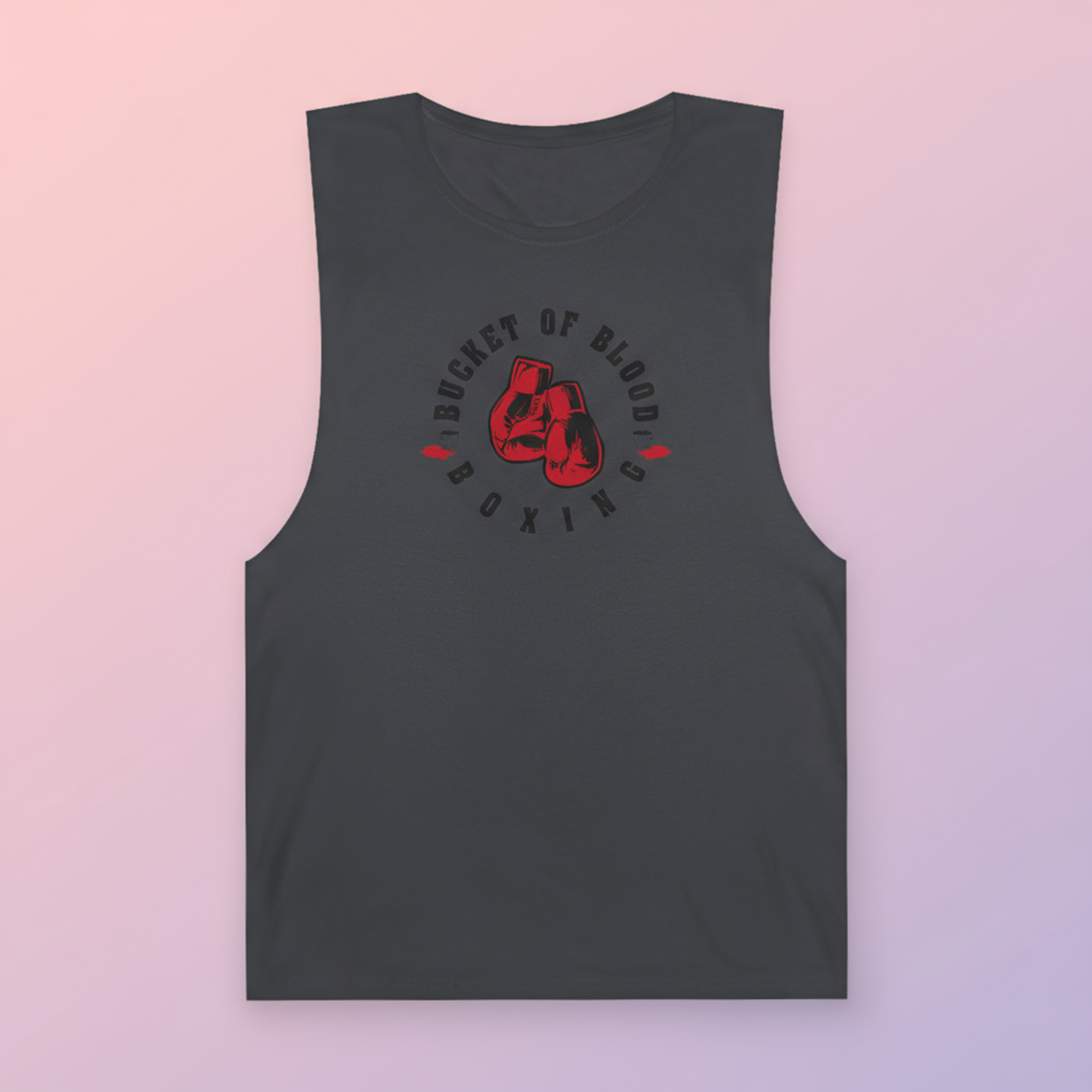 “A Bucket of Blood” Retro Boxing Fitness Tank Top featuring vintage red boxing gloves graphic on a raw-edge gym tank