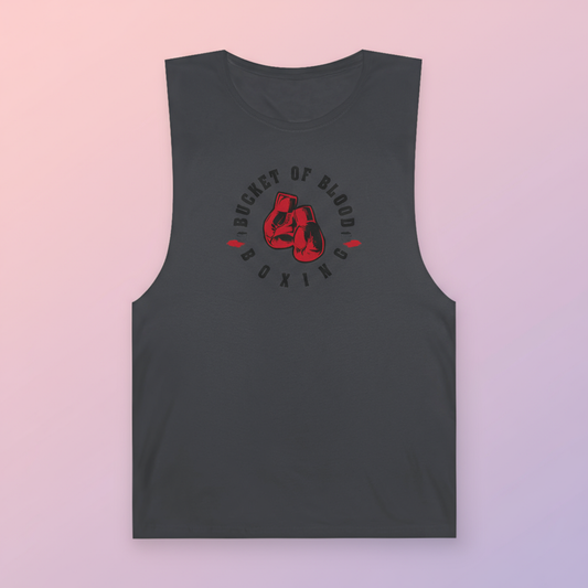 “A Bucket of Blood” Retro Boxing Fitness Tank Top featuring vintage red boxing gloves graphic on a raw-edge gym tank
