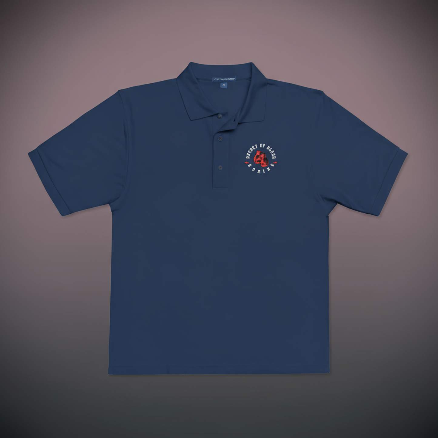 Embroidered Bucket of Blood polo shirt, soft polyester-cotton polo with stitched chest emblem, flat-knit collar, and classic casual style