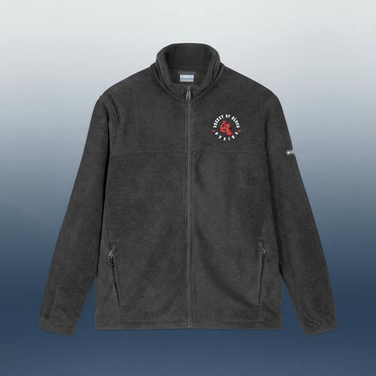 Embroidered 'Bucket of Blood' grey fleece jacket, lightweight fleece with zippered pockets, high collar, and subtle embroidered details for casual and outdoor wear