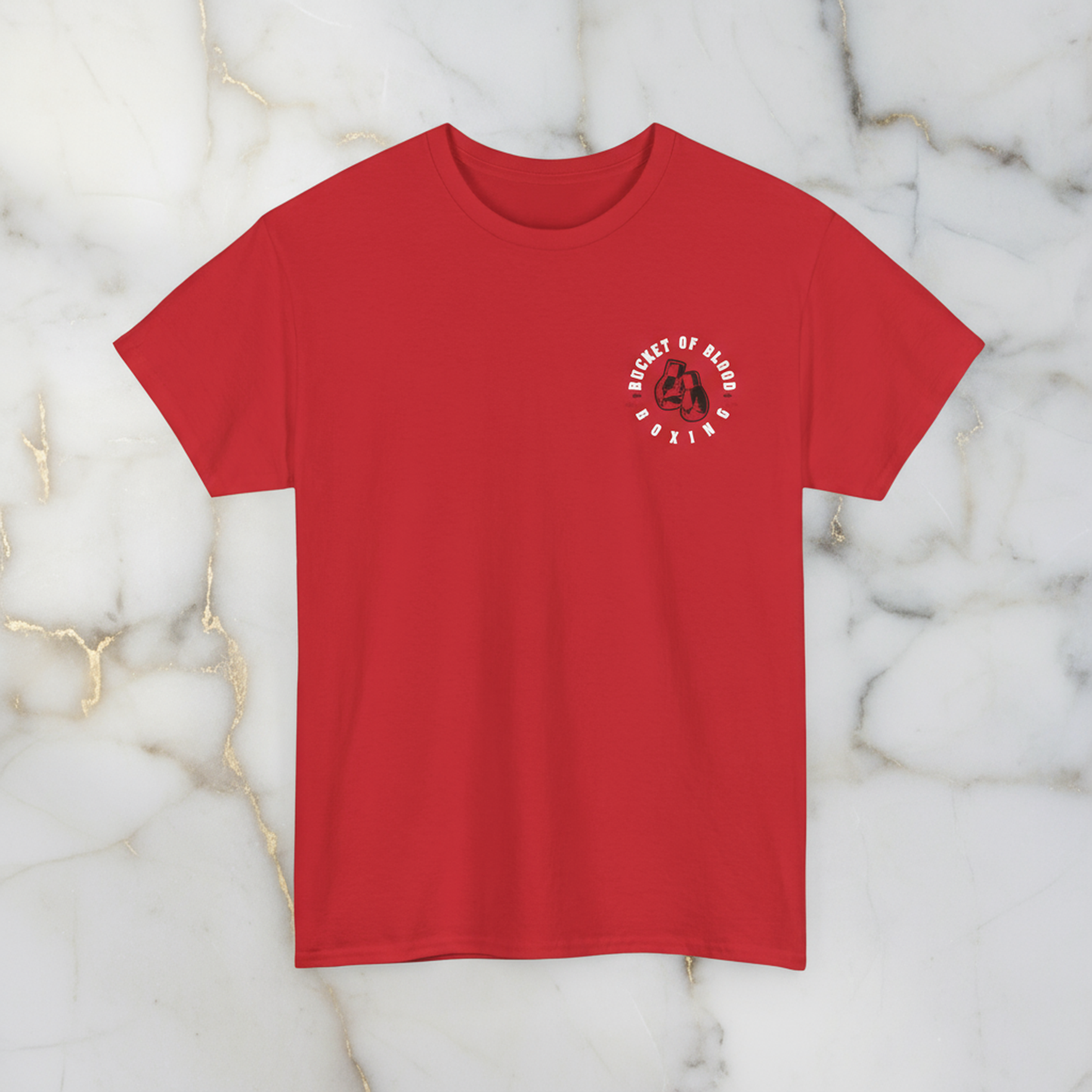 Bucket of Blood graphic t-shirt in sun-yellow, pocket-sized chest artwork, relaxed fit graphic tee