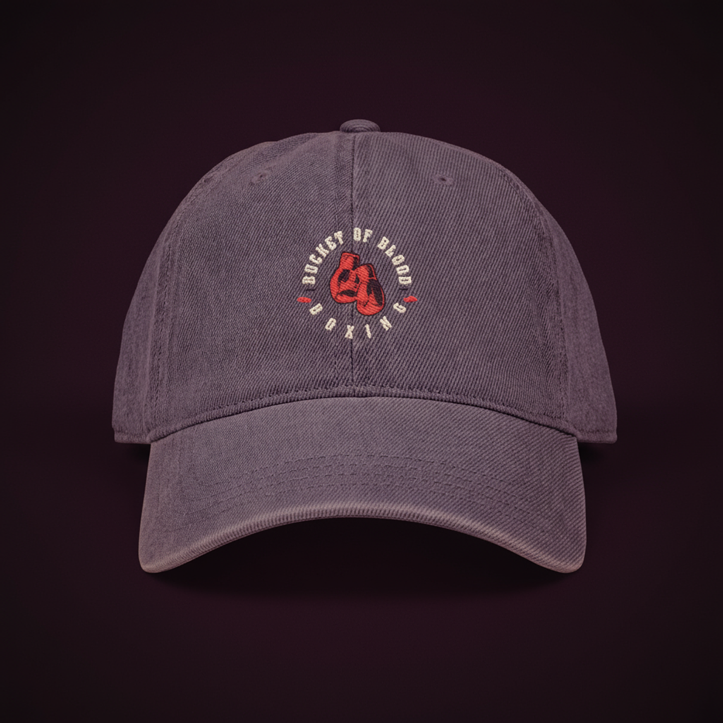 Embroidered Bucket of Blood denim hat with red rose emblem and “Queens of Chaos” lettering, vintage-style streetwear denim hat with adjustable strap