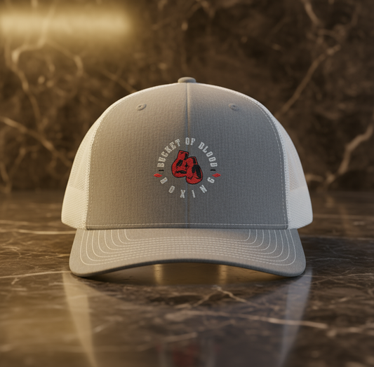 Embroidered boxing logo trucker hat, classic streetwear trucker hat with structured six-panel crown, pre-curved visor, and adjustable mesh back