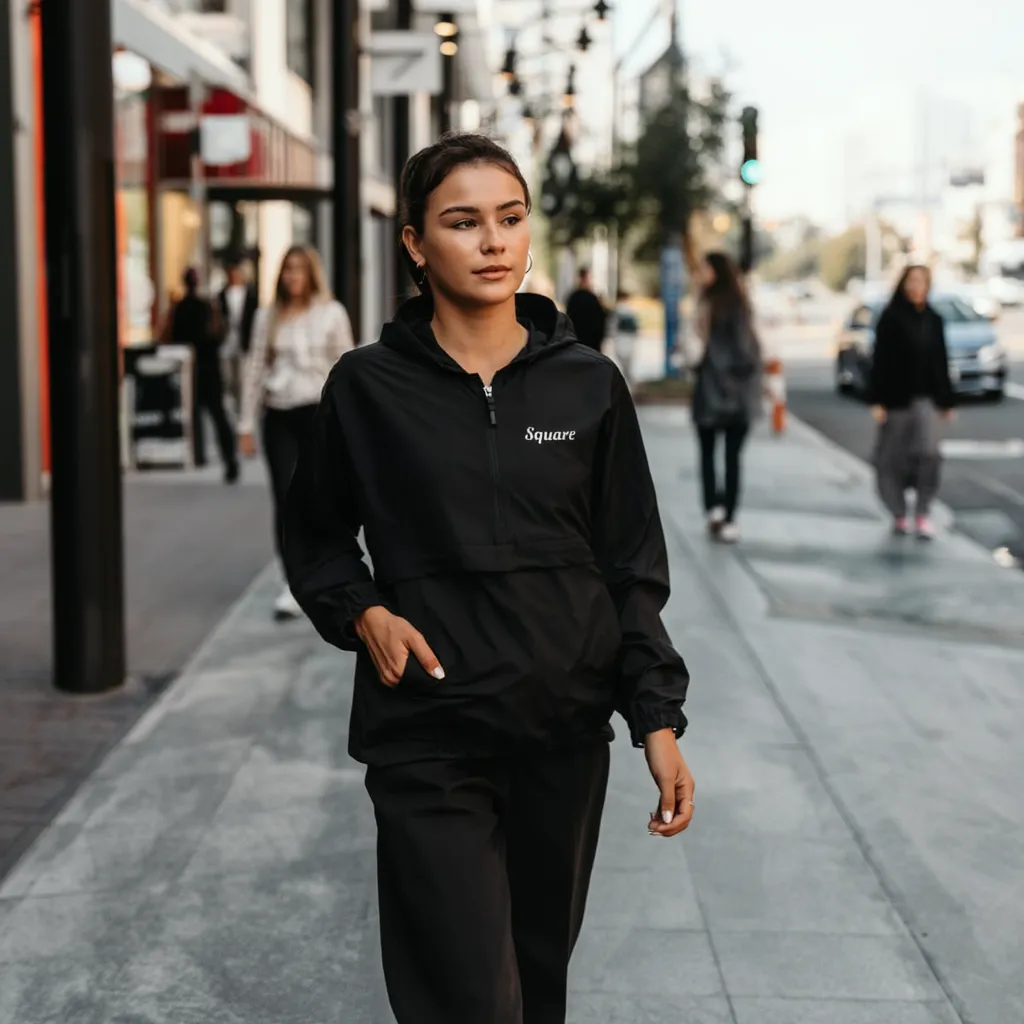 Champion Packable Anorak Jacket black lightweight windbreaker, packable athletic jacket with subtle floral embroidery