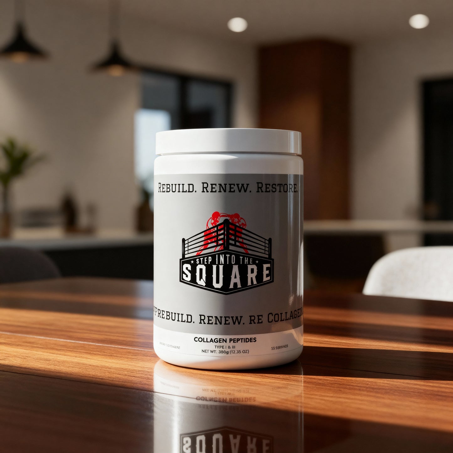 Collagen Peptides – Type I & III collagen powder in a scoop sitting on a wooden counter