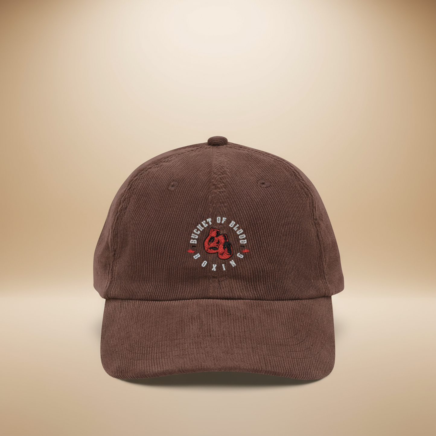 Embroidered Corduroy Bucket of Blood hat, vintage-style corduroy hat with hand-stitched emblem, low-profile unstructured crown, and adjustable strap