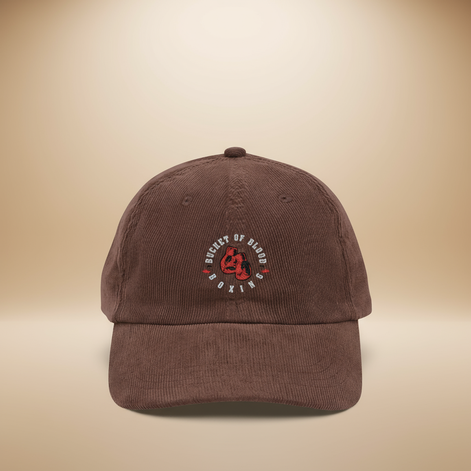 Embroidered Corduroy Bucket of Blood hat, vintage-style corduroy hat with hand-stitched emblem, low-profile unstructured crown, and adjustable strap