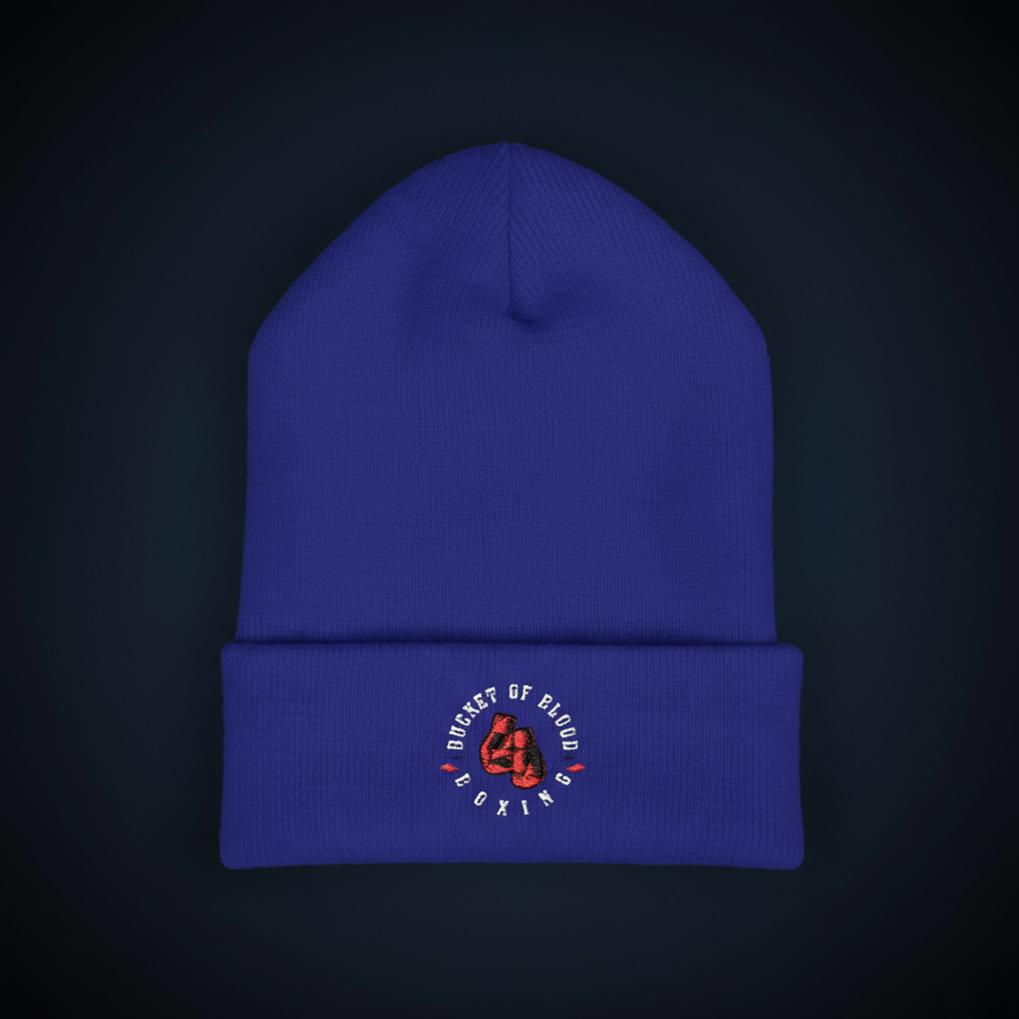 Bucket of Blood beanie, embroidered cuffed beanie for men in bright, durable acrylic with detailed front emblem