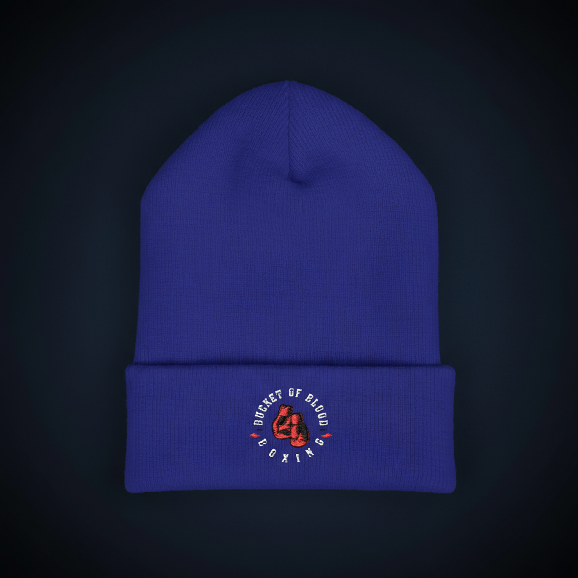 Bucket of Blood beanie, embroidered cuffed beanie for men in bright, durable acrylic with detailed front emblem