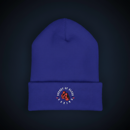 Bucket of Blood beanie, embroidered cuffed beanie for men in bright, durable acrylic with detailed front emblem