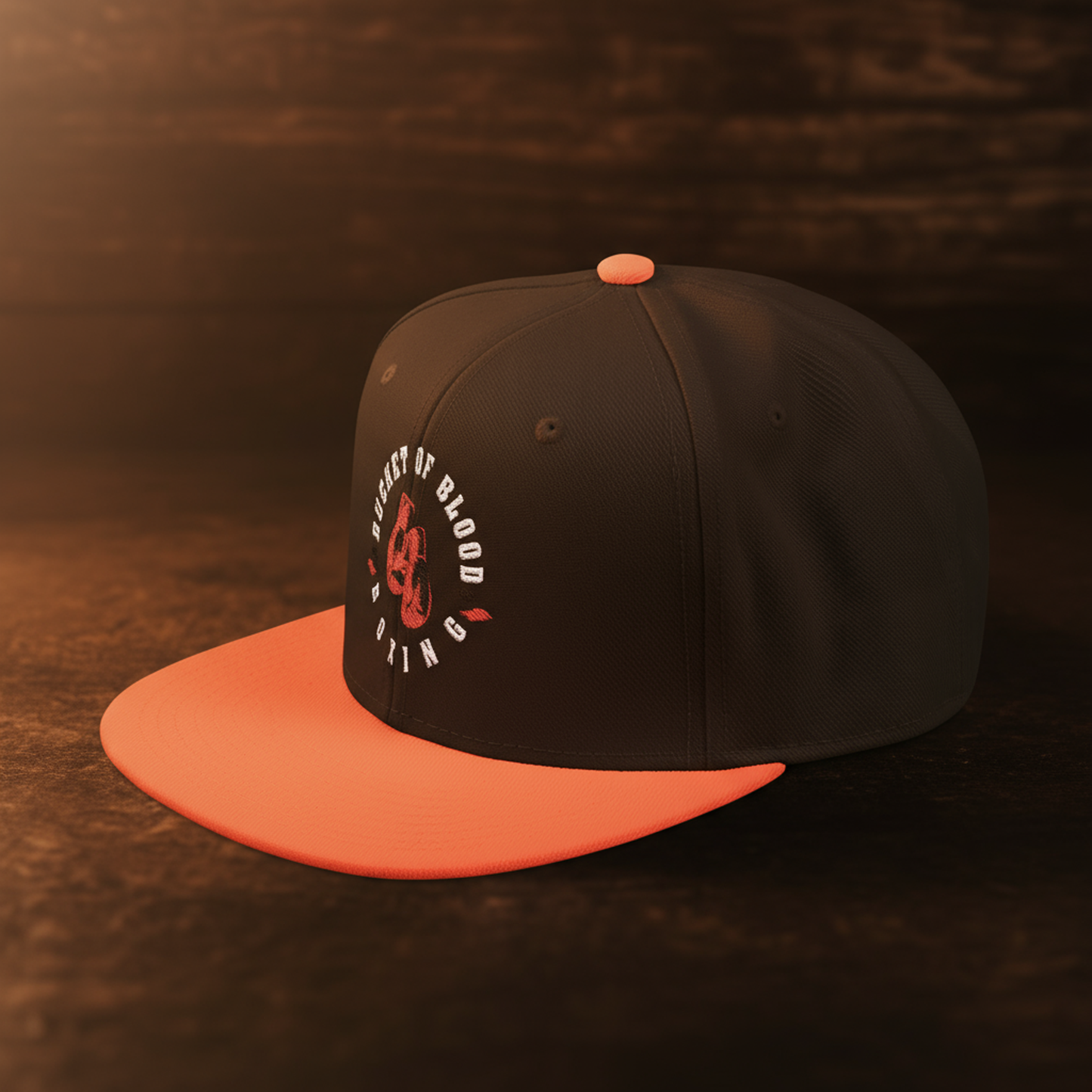 Bucket of Blood embroidered snapback hat with red rose motif, structured snapback with flat black visor and gray under visor, streetwear style