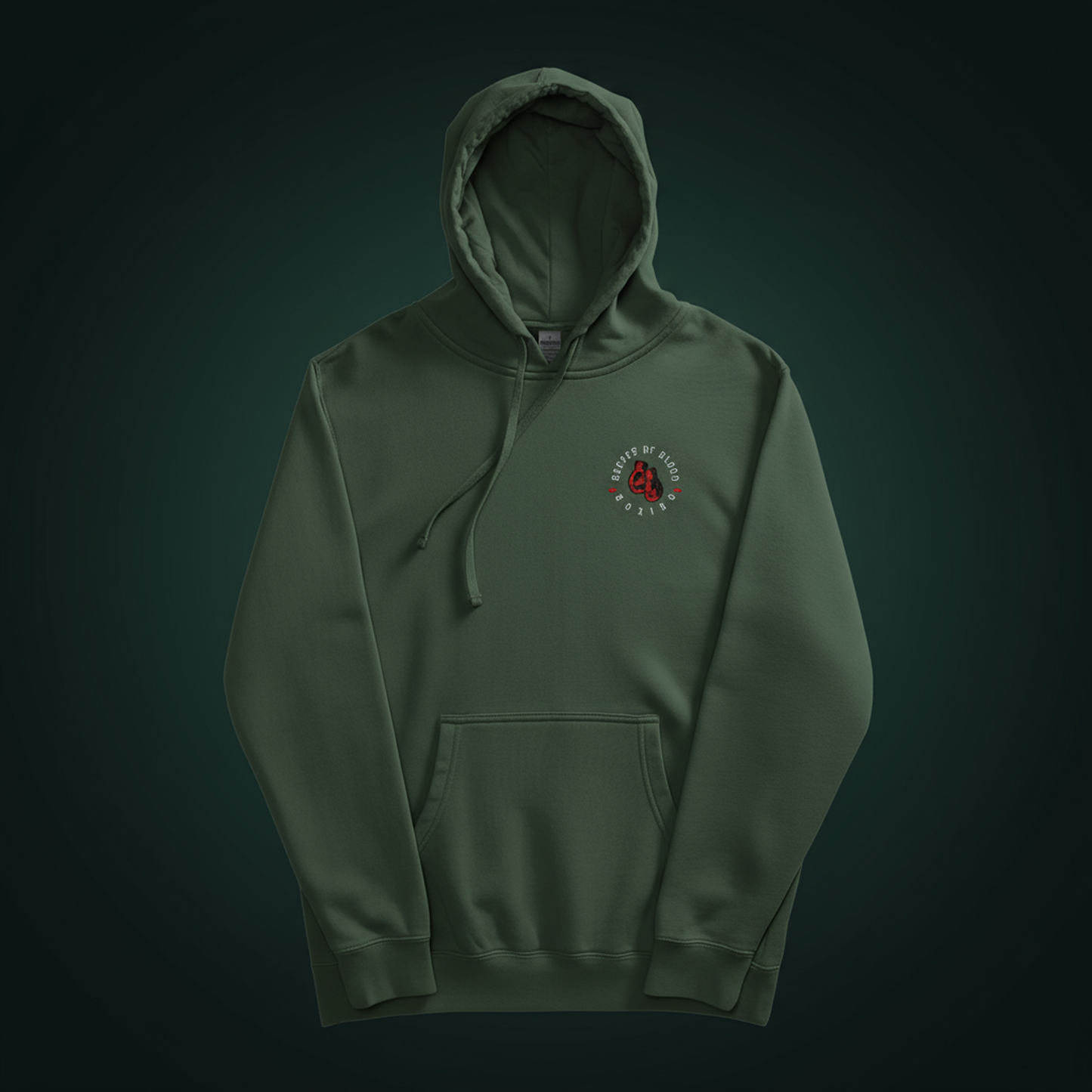 Green embroidered hoodie with subtle chest motif, soft and pigment-dyed casual hoodie for everyday layering