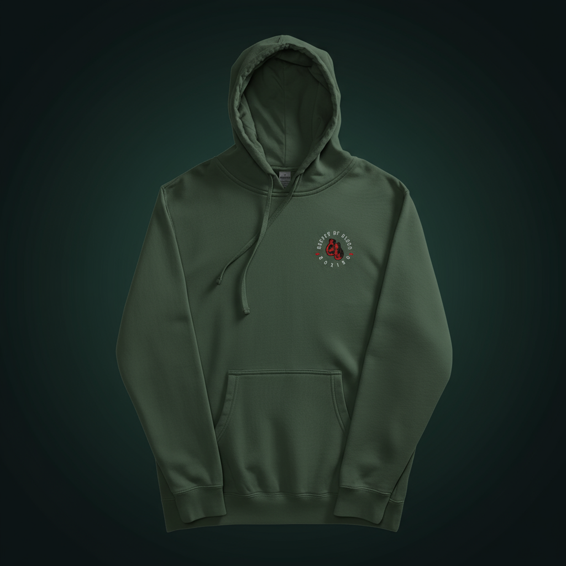 Green embroidered hoodie with subtle chest motif, soft and pigment-dyed casual hoodie for everyday layering