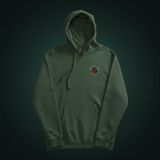 Green embroidered hoodie with subtle chest motif, soft and pigment-dyed casual hoodie for everyday layering