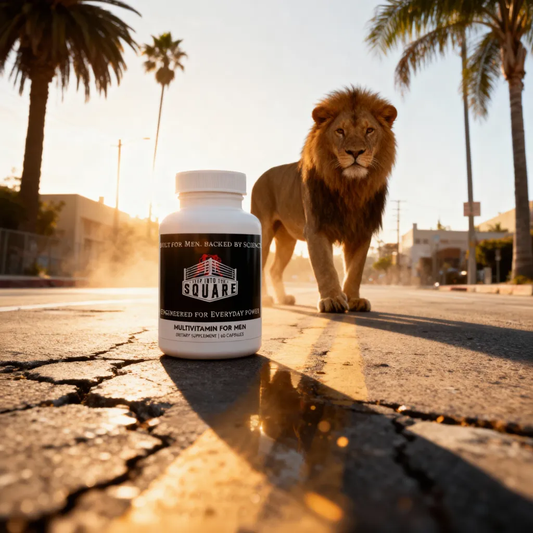 Multivitamin for Men supplement bottle with essential vitamins and herbal extracts for daily health and energy support with a lion in the background