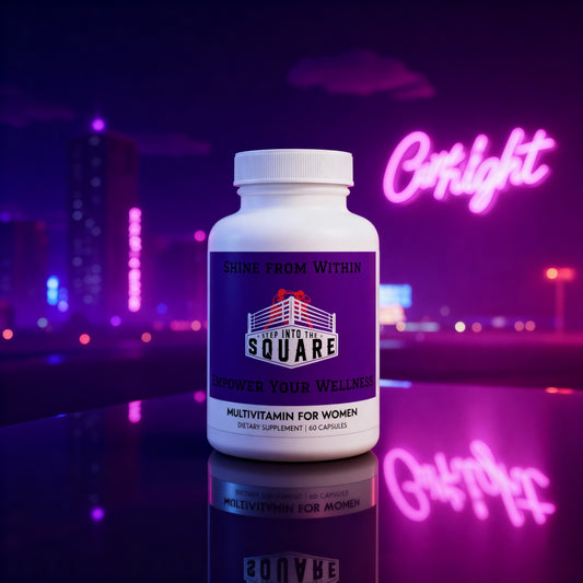 Multivitamin for Women Supplement – Vegan Daily Capsules with Vitamins and Herbal Extracts with neon city in the background