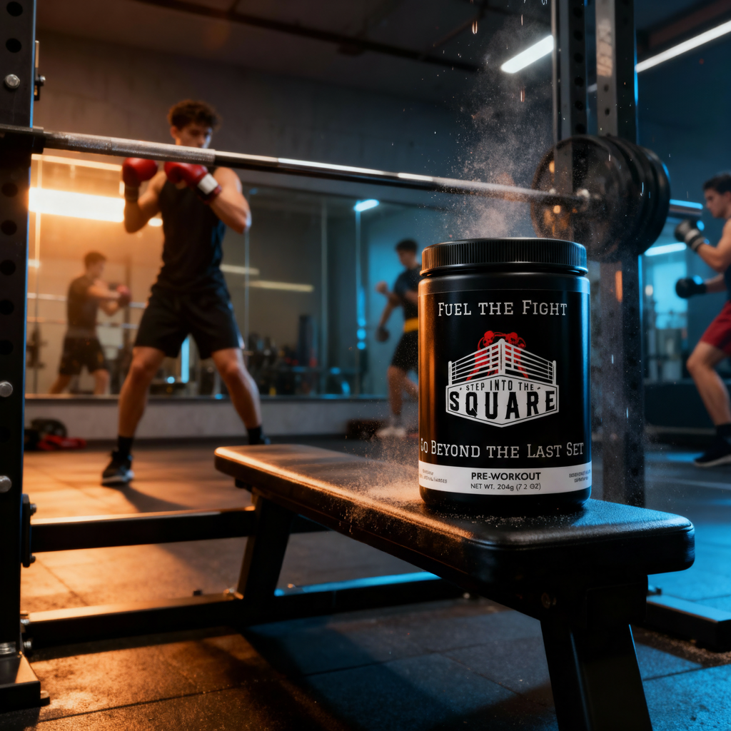 Pre-workout powder fruit punch flavor supplement container in a gym with boxer in the background