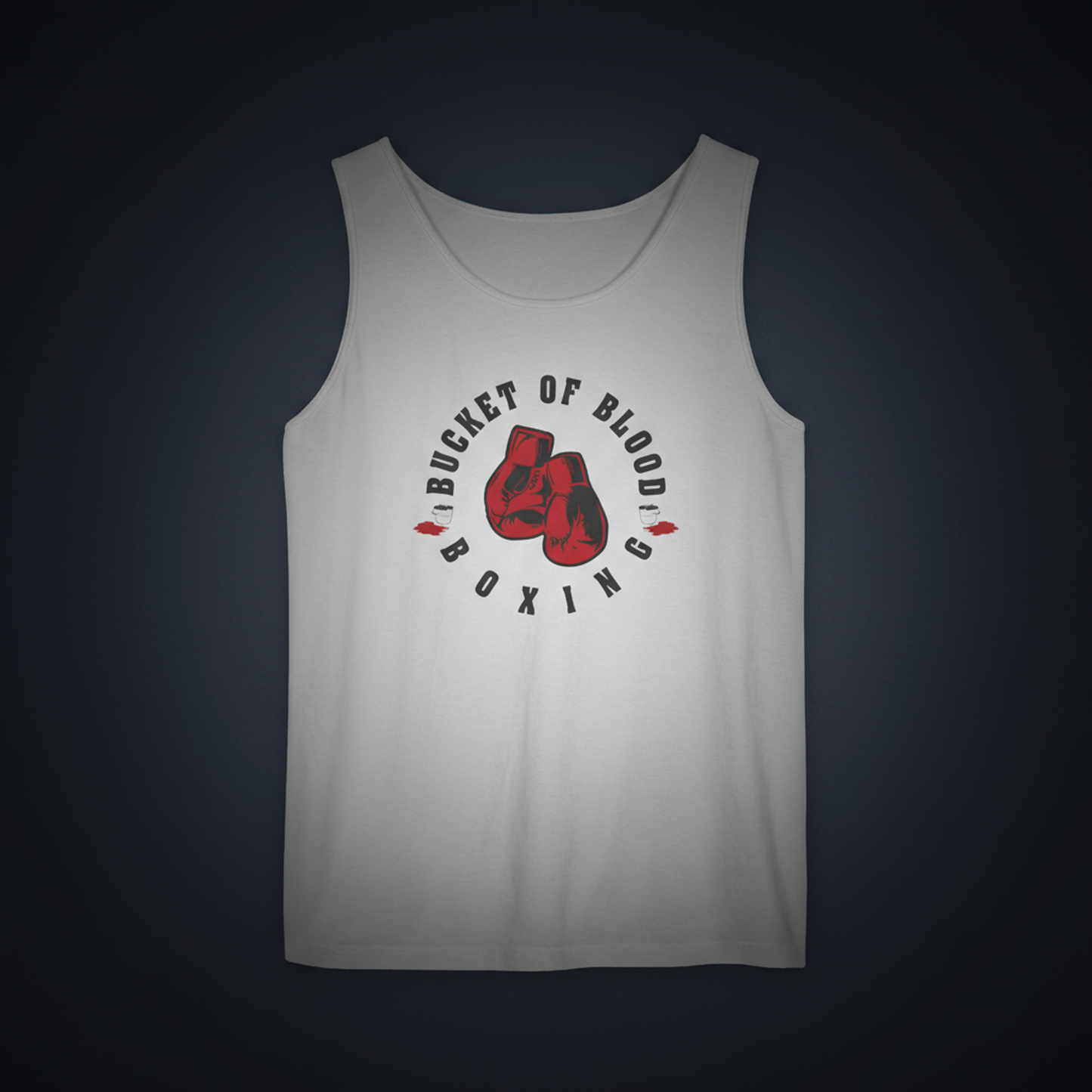 “Bucket of Blood” boxing gym tank top for men featuring vintage red gloves graphic on soft, garment-dyed cotton