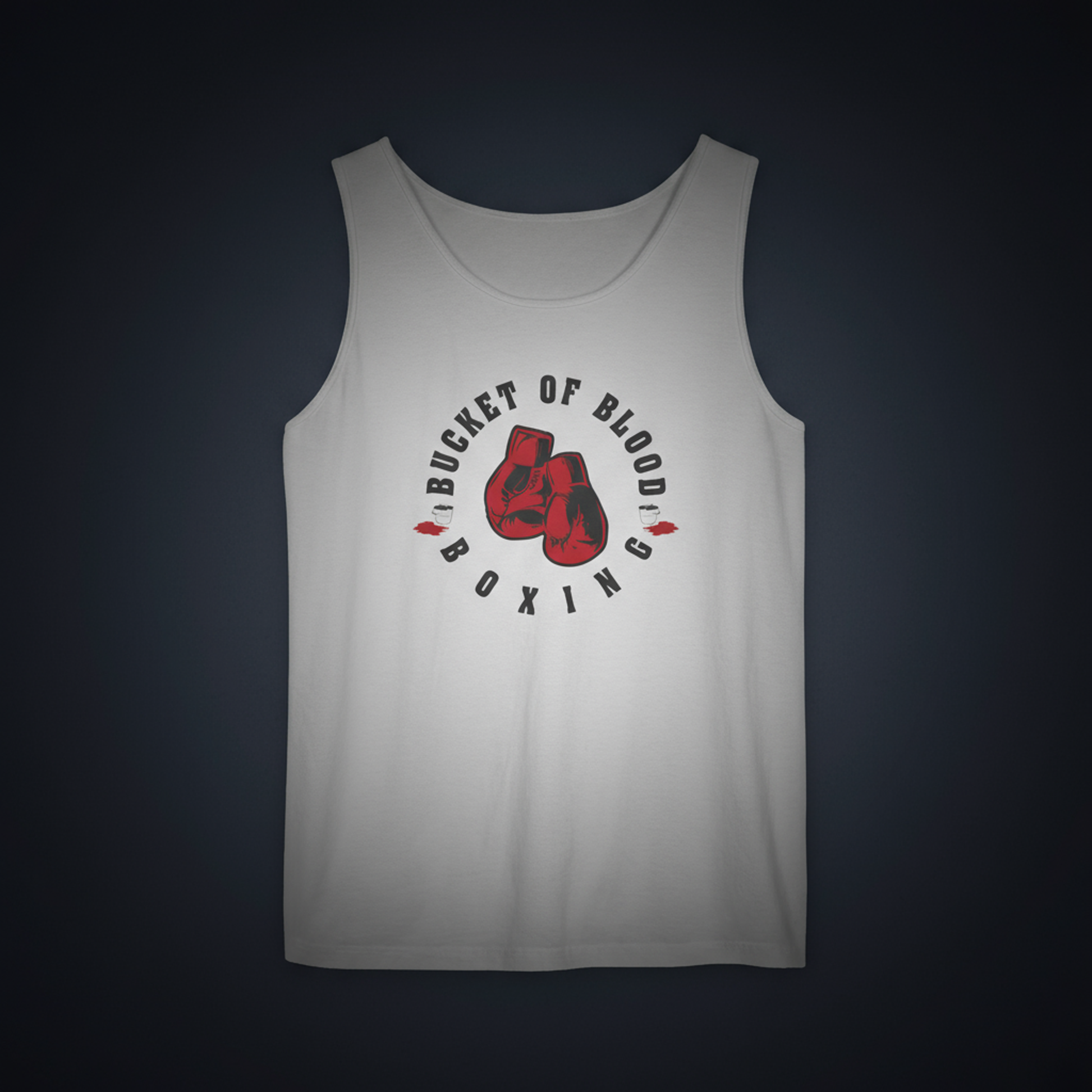 “Bucket of Blood” boxing gym tank top for men featuring vintage red gloves graphic on soft, garment-dyed cotton
