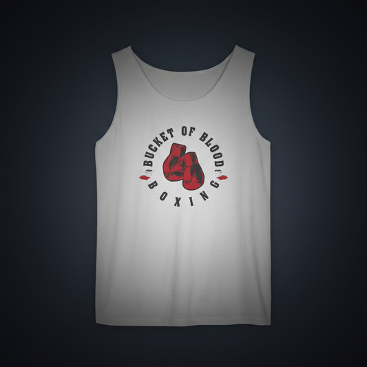 “Bucket of Blood” boxing gym tank top for men featuring vintage red gloves graphic on soft, garment-dyed cotton