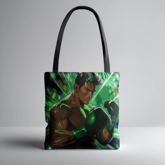 Vibrant Fighting Champion Illustration Tote Bag with bold boxer artwork under dramatic arena lighting, ideal for gym or daily carry
