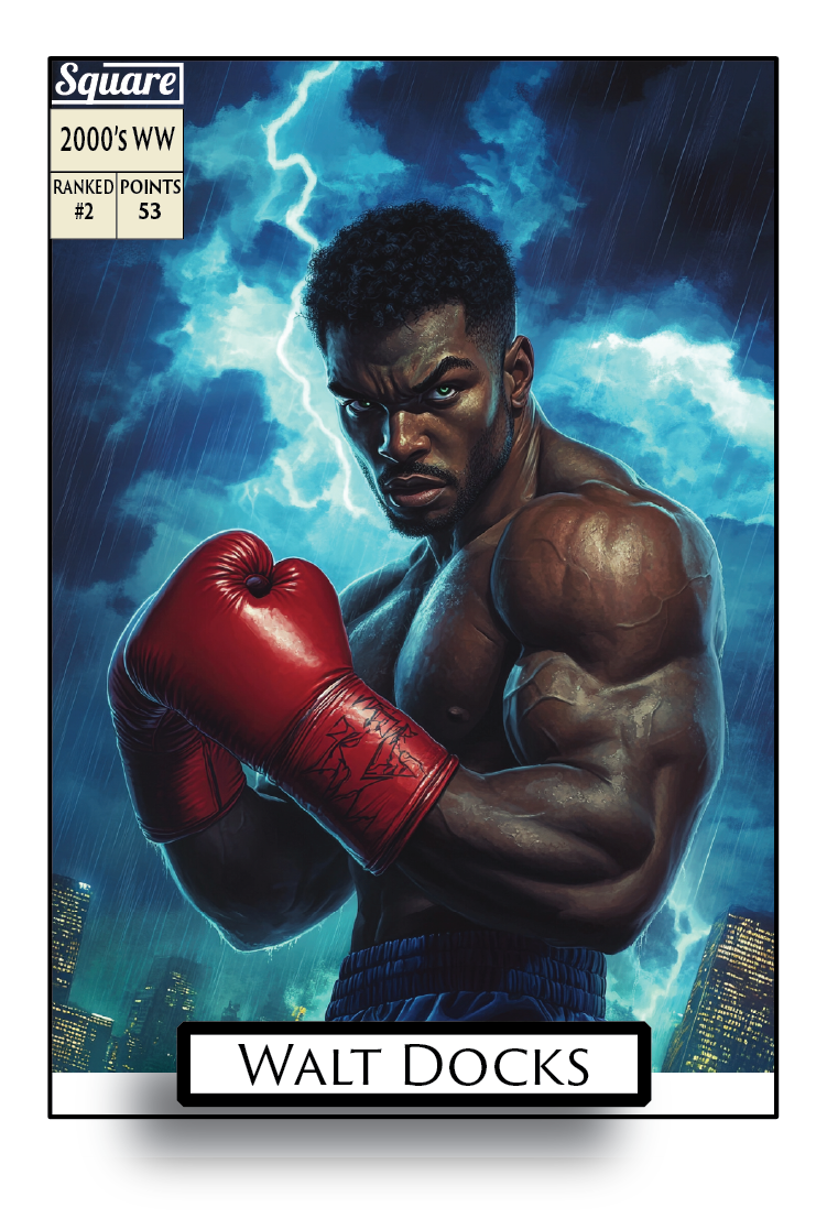 Boxing Collector Card Pack #2 P2-E1-SN-002-105. Card featuring a boxer with red gloves against a stormy sky background