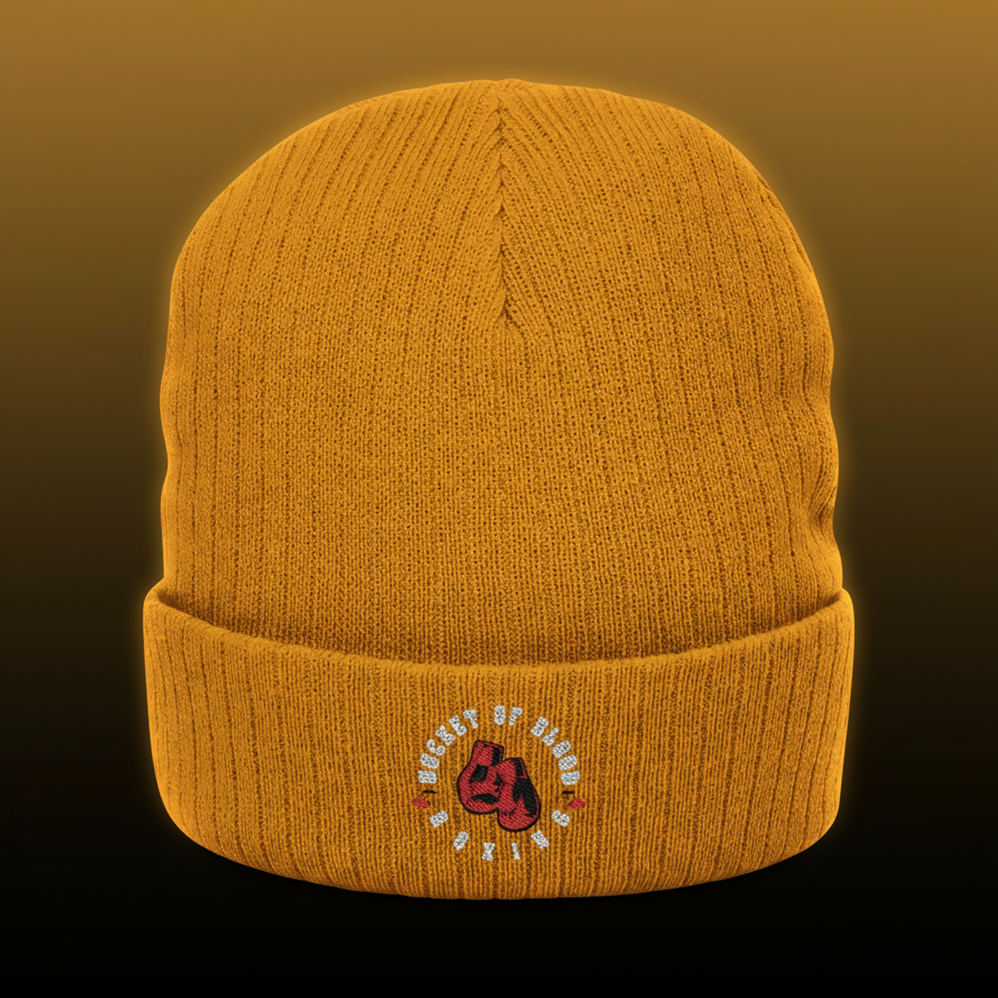 “Bucket of Blood” logo beanie hat in ribbed knit with embroidered skull emblem, warm and stylish streetwear accessory