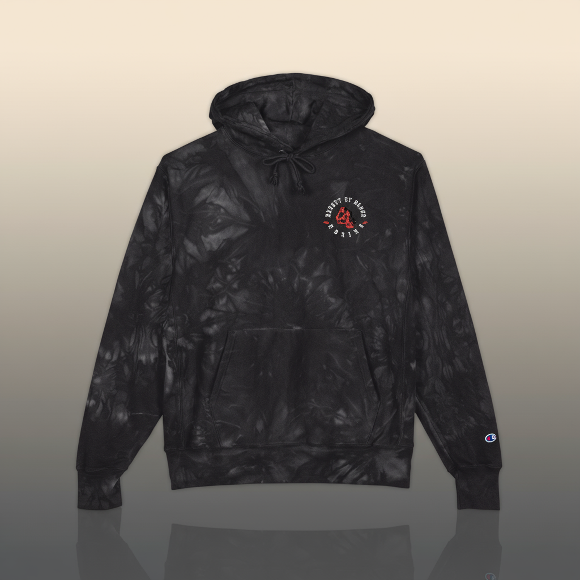Tie dye hoodie with subtle embroidered chest emblem, Champion embroidered hoodie in charcoal with unique bleached patterns