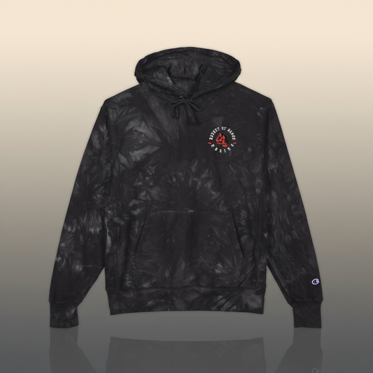 Tie dye hoodie with subtle embroidered chest emblem, Champion embroidered hoodie in charcoal with unique bleached patterns