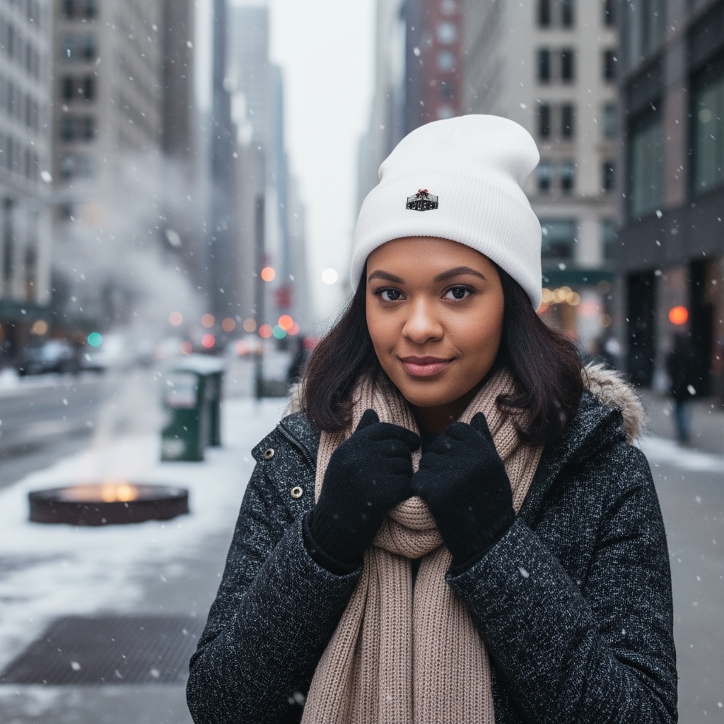 Classic cuffed winter hat made of soft acrylic with embroidered design for men and women