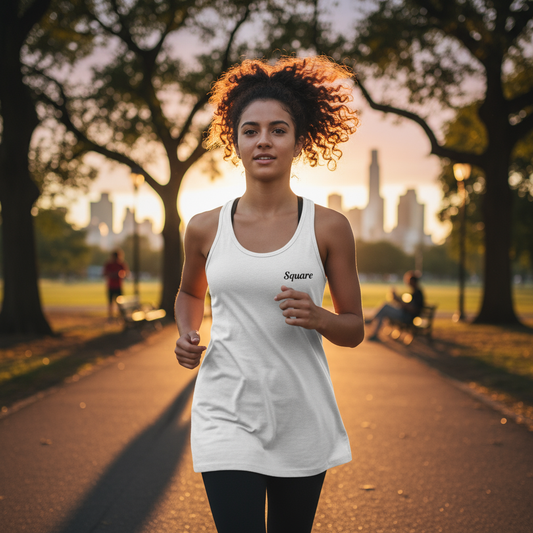 Women’s flowy racerback tank, athleisure wear, casual summer top, lightweight and comfortable for workouts, lounging, and summer outings