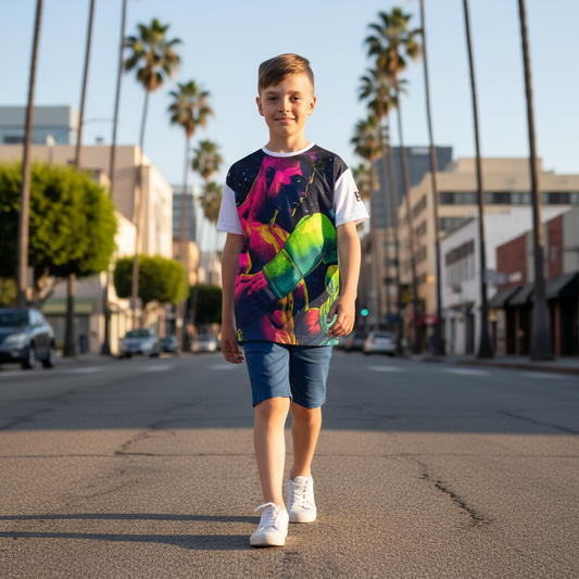 Vibrant kids sports jersey with bold colors and moisture-wicking fabric, ideal apparel for sports and active play