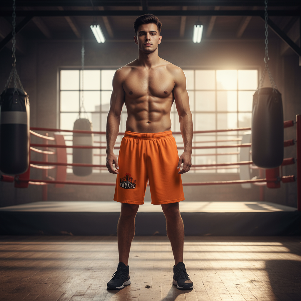Men’s sport shorts in orange activewear style for sporty casual wear and workouts