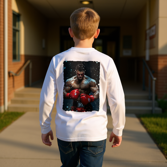 Youth long sleeve sports tee with boxing design, perfect boys long sleeve shirt for practice, sports, and casual outdoor activities